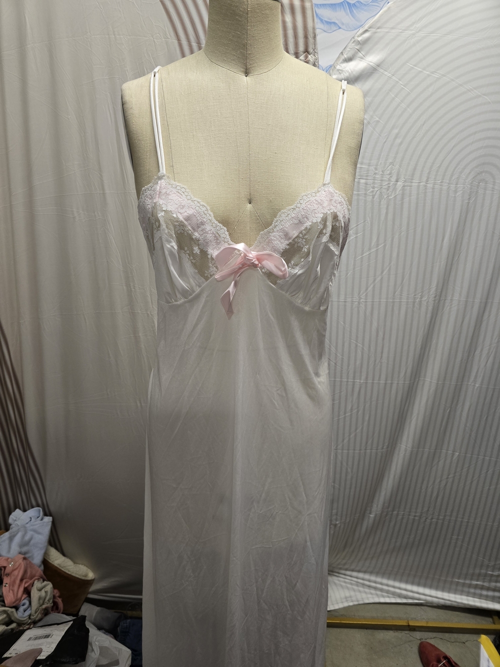 Women's White Lace-Trim Satin Nightgown with Pink Bow Set